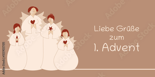 Liebe Grüße zum 1. Advent - Schriftzug in deutscher Sprache. Grußkarte mit vier niedlichen Engeln mit Kerzen, Herz und Stern. 