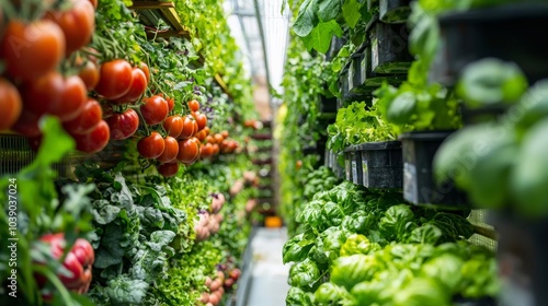 A wide-angle view of a vertical farm with diverse crops like tomatoes, basil, and kale growing in stacked layers