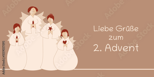 Liebe Grüße zum 2. Advent - Schriftzug in deutscher Sprache. Grußkarte mit vier niedlichen Engeln mit Kerzen, Herz und Stern. 