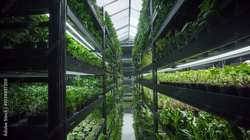 A wide-angle view of a vertical farming system inside a greenhouse, with layers of plants growing under artificial light A wide-angle view of a vertical farming system inside a greenhouse, with layers of plants growing under artificial light