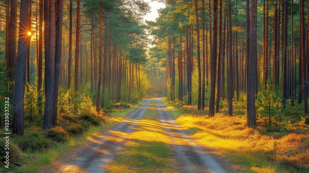Fototapeta premium A Sunlit Path Through a Pine Forest