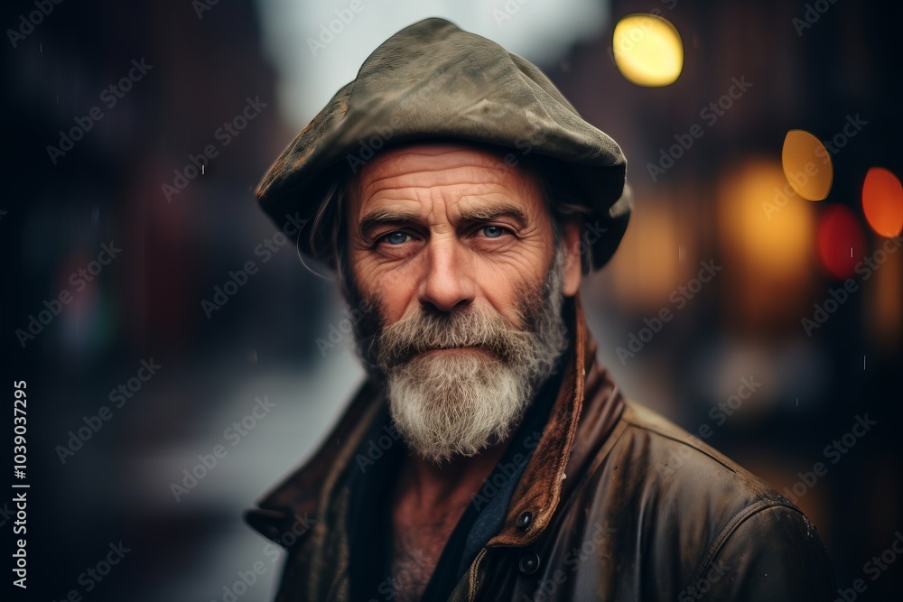 Portrait of an old man with gray beard and cap in the city. Portrait of an old man with gray beard and cap in the city.