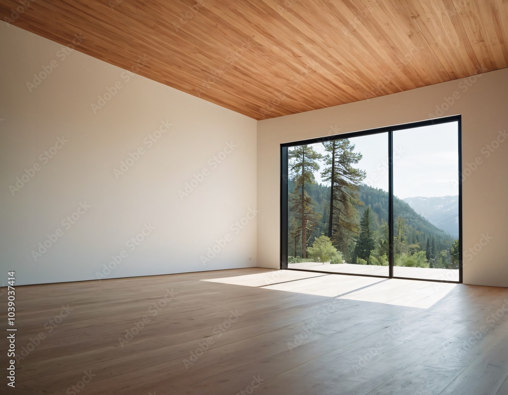 Fototapeta premium The sentence is: A modern, empty office with large glass windows offering a view of a garden, featuring wooden floors and minimalist design