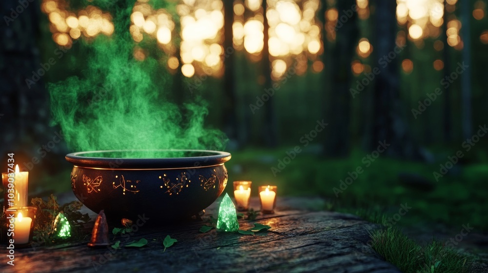 a dark enchanted forest with a cauldron in which a green mist boils. Around the cauldron are herbs, crystals, and candles, each glowing dimly. a dark enchanted forest with a cauldron in which a green mist boils. Around the cauldron are herbs, crystals, and candles, each glowing dimly.