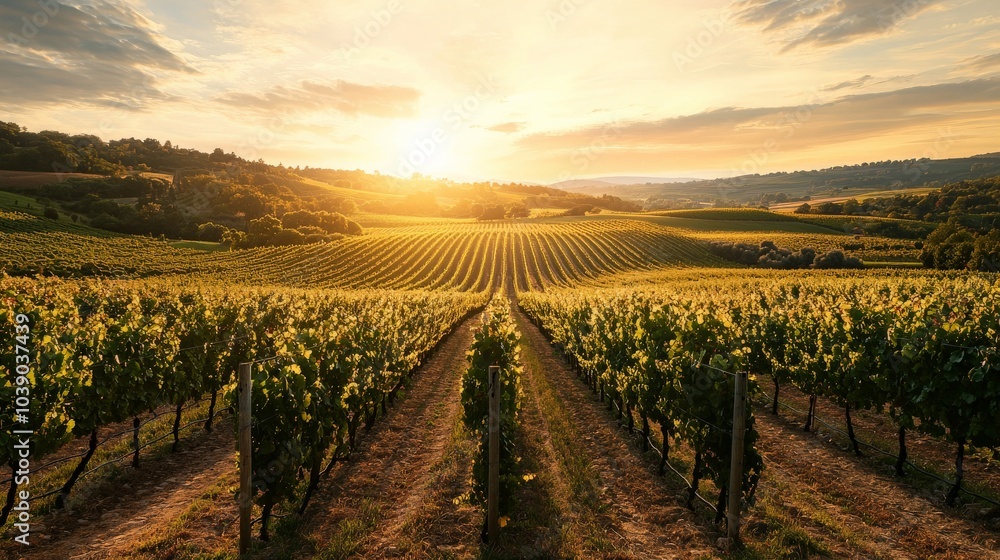 Fototapeta premium A wide-angle view of a vineyard plantation with grapevines stretching out in neat rows, basking in the golden light of sunset