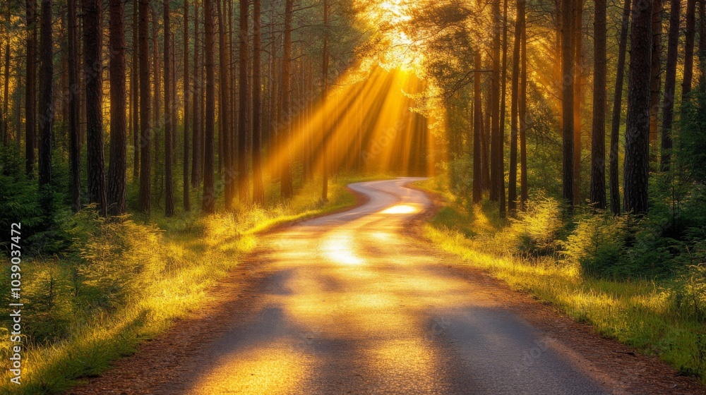 Fototapeta premium Sunbeams Illuminating a Winding Path Through a Forest