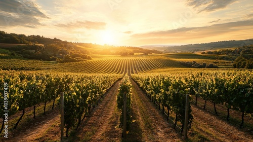 A wide-angle view of a vineyard plantation with grapevines stretching out in neat rows, basking in the golden light of sunset