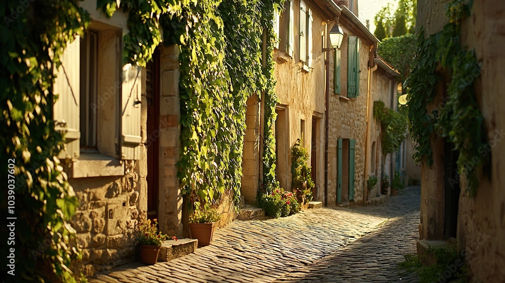 Obraz premium A cobblestone street featuring a row of homes with ivy climbing the building facades on either side