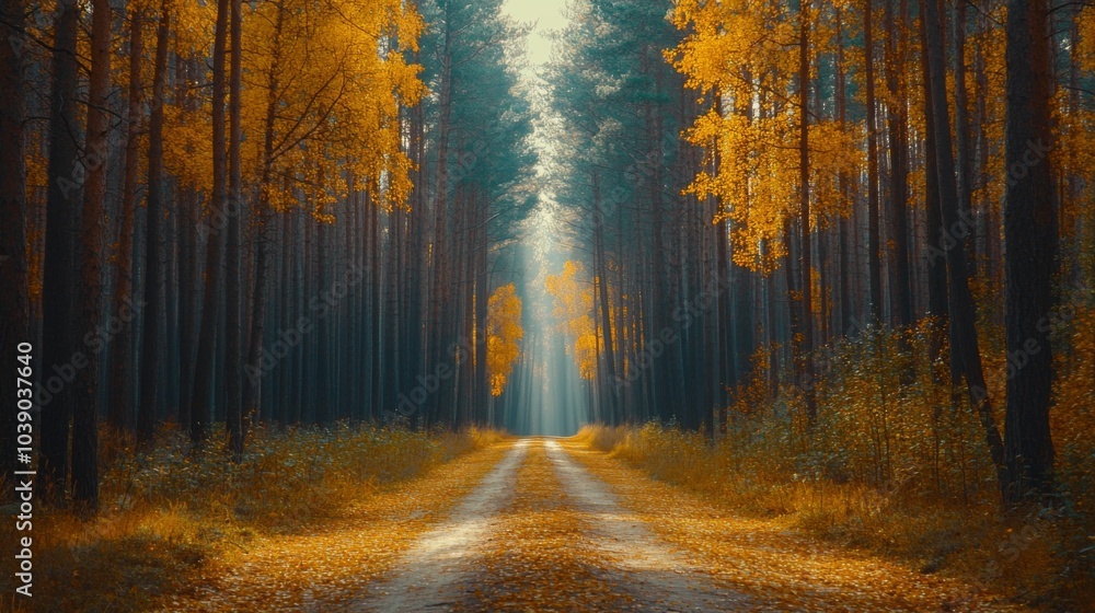 Fototapeta premium A Path Through Autumnal Forest with Light Streaming Through the Trees
