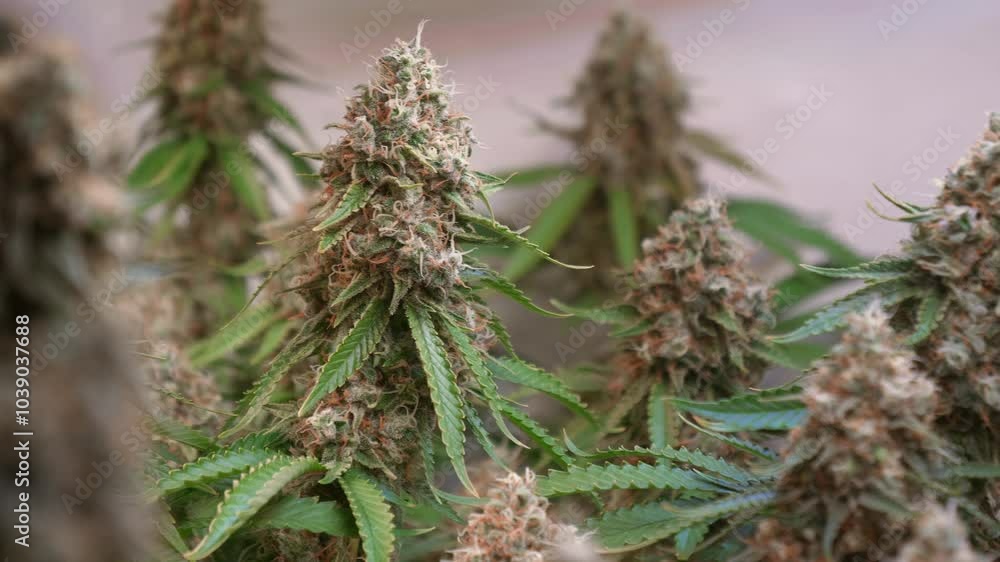Dolly shot of a cannabis plants growing in a grow tent during flowering stage Dolly shot of a cannabis plants growing in a grow tent during flowering stage
