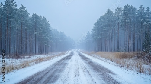 Snowy Road Winding Through a Foggy Pine Forest