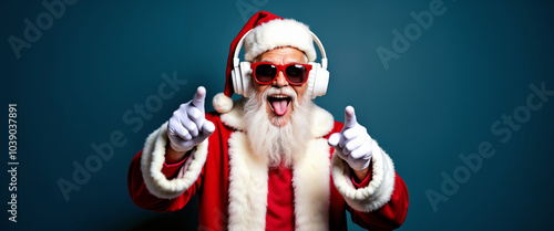 A lively Santa Claus with a white beard, wearing sunglasses and headphones, exudes festive cheer. Perfect for modern, fun Christmas themes and holiday marketing.

