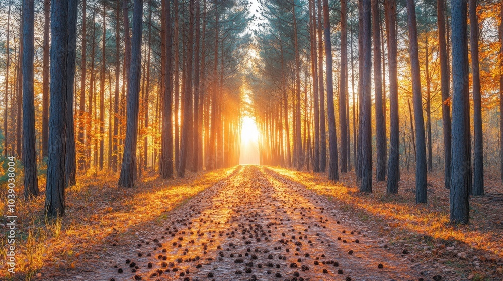 Obraz premium Sunbeams illuminating a path through a forest of pine trees