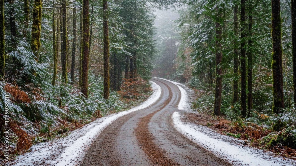 Fototapeta premium Winding Road Through a Snow-Covered Forest