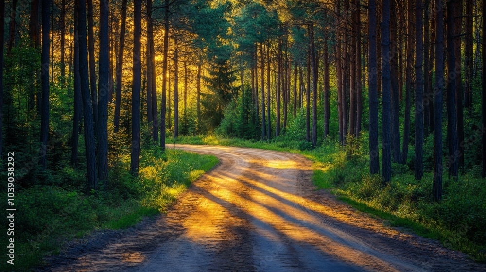 Fototapeta premium Sunbeams Illuminating a Winding Forest Path