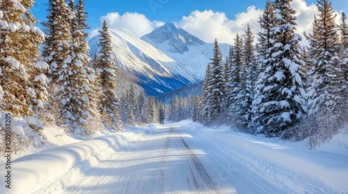 Snow-Covered Road Winding Through a Snowy Mountain Forest