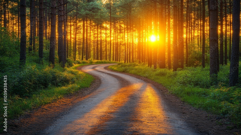 Fototapeta premium Sunset Glowing Through a Winding Forest Path