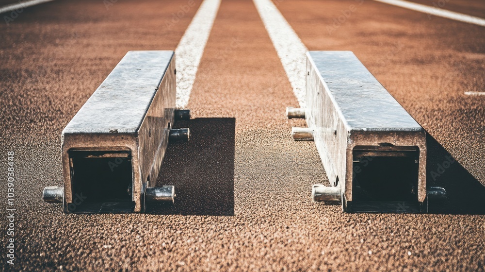 A track and field's starting blocks, outdoor setting with shadows from midday sun, Bold style A track and field's starting blocks, outdoor setting with shadows from midday sun, Bold style