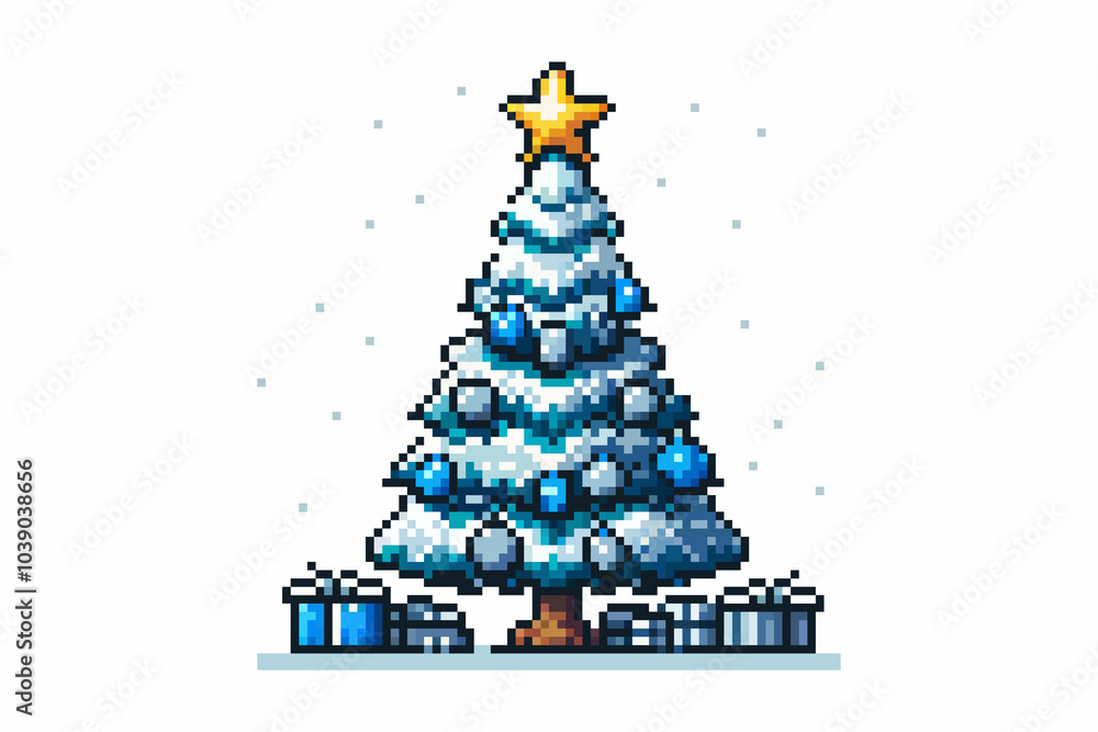 A pixel art Christmas tree covered in snow with a star on top and blue ornaments surrounded by wrapped gifts on the ground A pixel art Christmas tree covered in snow with a star on top and blue ornaments surrounded by wrapped gifts on the ground