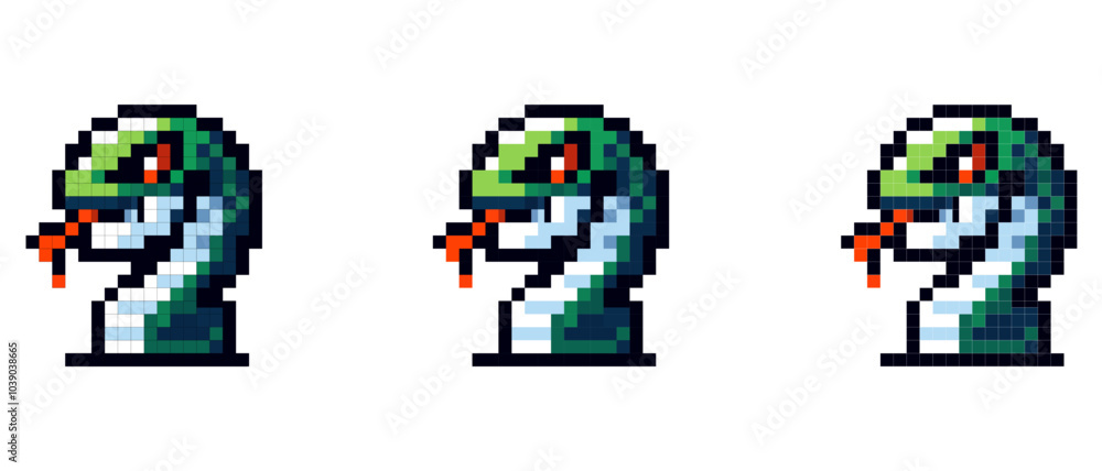 Fototapeta premium A pixel art snake with a green head and red tongue set against a white background in a retro video game style