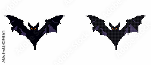 A pixel art black bat with orange eyes and outstretched wings against a white background. photo