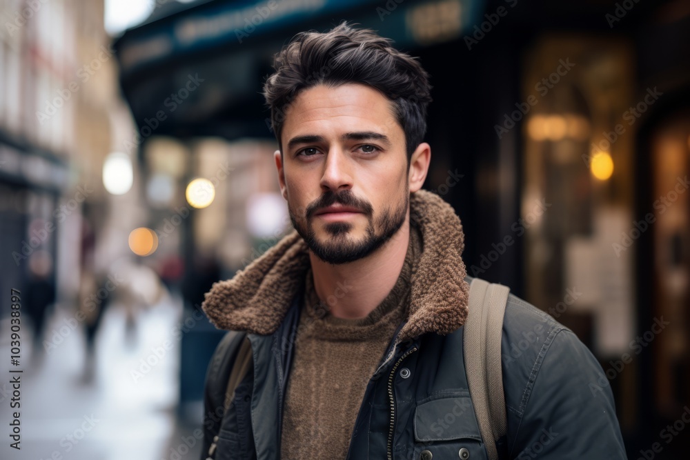 Portrait of handsome young man with beard in the city at night Portrait of handsome young man with beard in the city at night