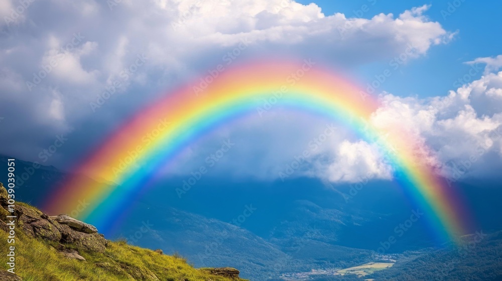 A Rainbow Arcing Over a Mountainous Landscape A Rainbow Arcing Over a Mountainous Landscape