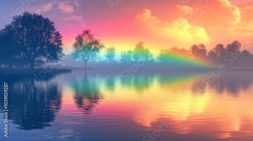 Wallpaper Mural Misty Sunrise Over a Lake with a Rainbow Reflected in the Water Torontodigital.ca