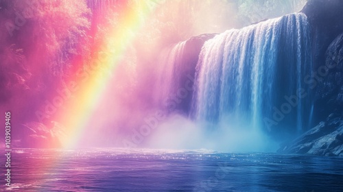 Majestic Waterfall with Rainbow and Mist in a Dreamlike Setting