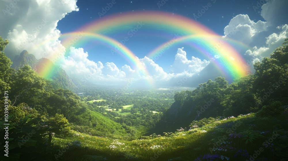 Double Rainbow Arcing Over Lush Green Valley and Mountains Double Rainbow Arcing Over Lush Green Valley and Mountains