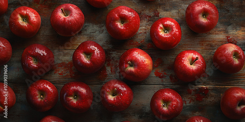 Red apples lying chaotically on a wooden background