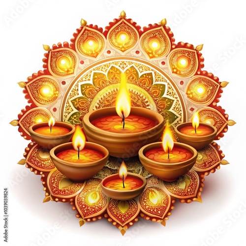 Elegant Diwali Diyas on Rangoli with White Background – Bright Festival of Lights