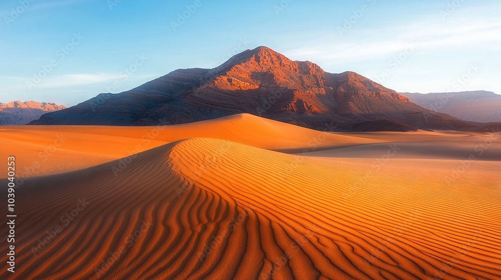 A desert landscape with a distant mountain range, surrounded by golden sand dunes under a clear blue sky, adorned with wispy clouds A desert landscape with a distant mountain range, surrounded by golden sand dunes under a clear blue sky, adorned with wispy clouds