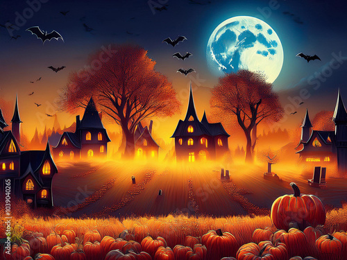 halloween background with an old house, pumpkins and bats