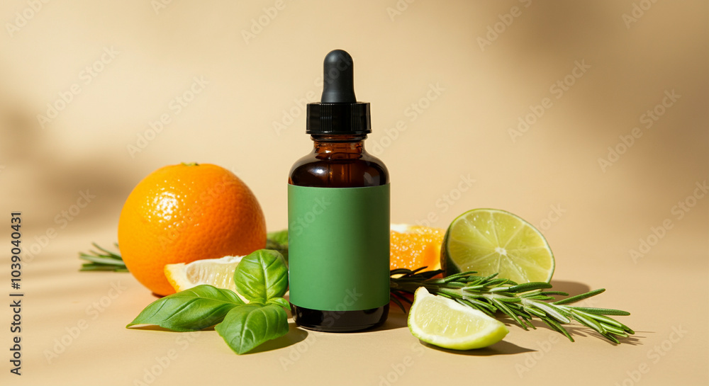 Essential oil bottle with citrus fruits including orange and lime showcasing freshness and vibrant natural elements Essential oil bottle with citrus fruits including orange and lime showcasing freshness and vibrant natural elements
