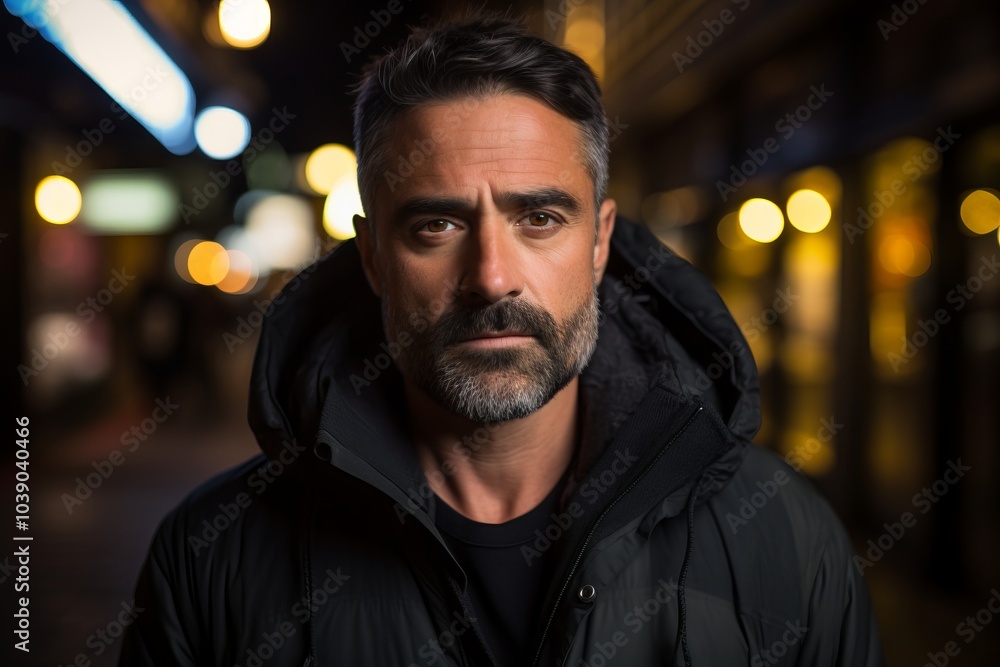 Handsome middle aged man with a beard in a night city Handsome middle aged man with a beard in a night city