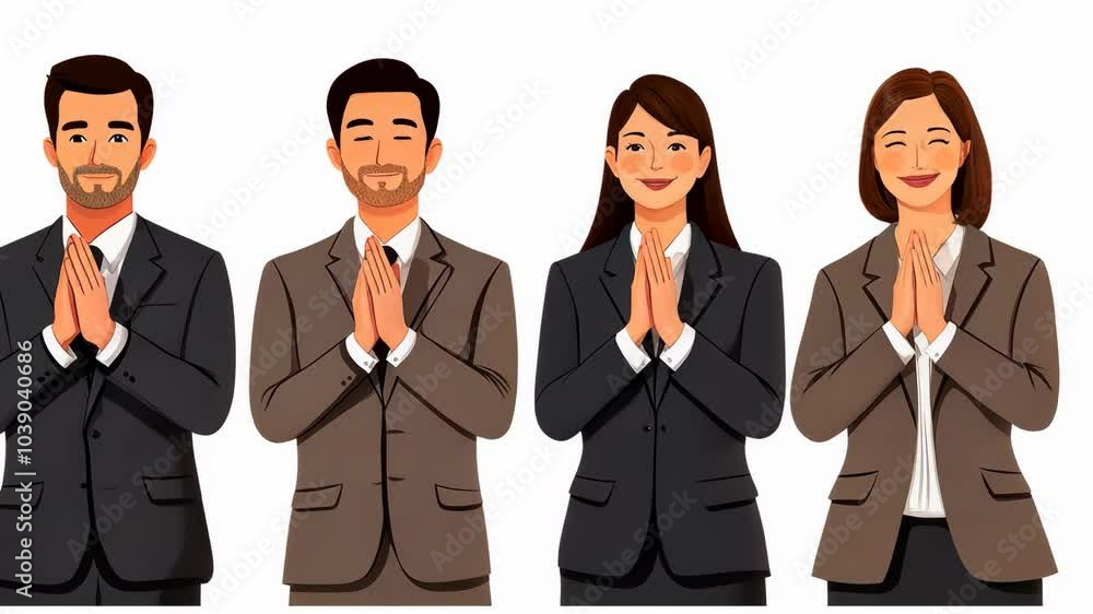 Four businesspeople are bowing in a professional setting Four businesspeople are bowing in a professional setting