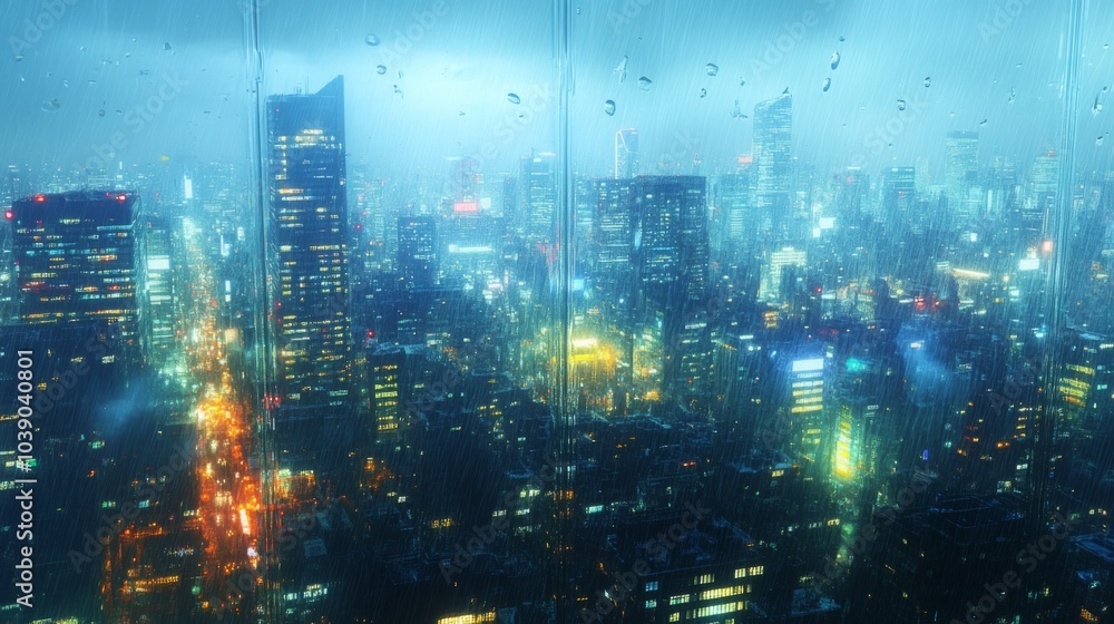 Fototapeta premium Nighttime cityscape viewed through a rain-streaked window