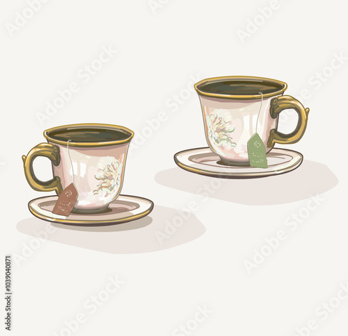 ceramic set two cups afternoon british tea time party  with biscuits classical pottery tableware container illustration on white background