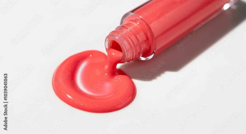 Nail polish spilling from bottle with vibrant color and smooth texture on white background Nail polish spilling from bottle with vibrant color and smooth texture on white background