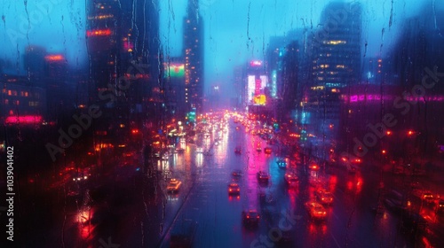 A Nighttime Cityscape Viewed Through a Rain-Streaked Window