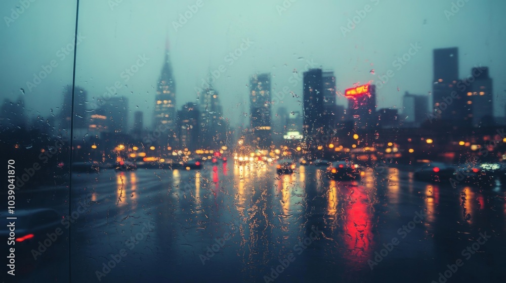 Fototapeta premium Cityscape View Through Rainy Window