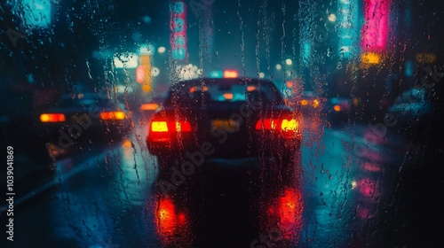 A Blurry View of City Lights Through a Rain-Covered Window