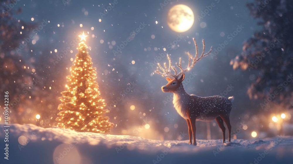 serene winter scene featuring 3D reindeer figure with sparkling antlers standing beside beautifully lit Christmas tree under glowing moon. atmosphere is magical and festive serene winter scene featuring 3D reindeer figure with sparkling antlers standing beside beautifully lit Christmas tree under glowing moon. atmosphere is magical and festive