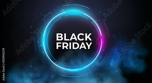 Vibrant Black Friday design with neon lights and smoky effects, highlighting massive sale promotions, generative ai