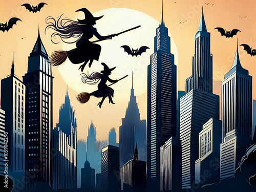city skyline in the halloween night, with bats and witches flying over the city on broomsticks
