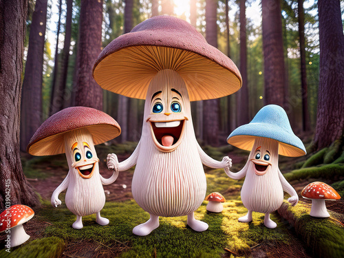 happy mushrooms in the forest