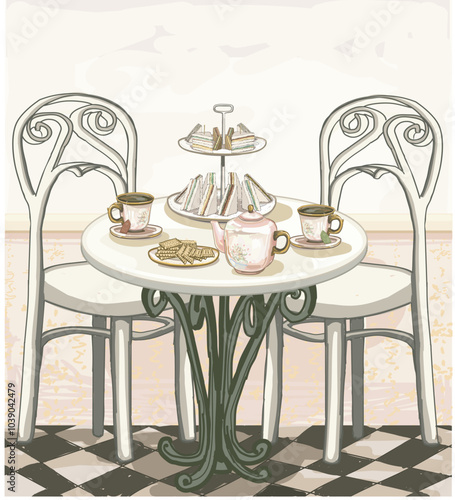 afternoon british tea time party biscuits cookies sandwich finger trier serving illustration table with chairs old style