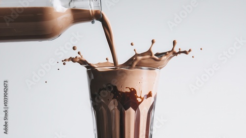 Artistic representation of hot chocolate being poured into mug, no people visible