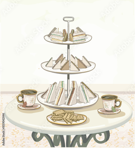 afternoon british tea time party biscuits cookies sandwich finger trier serving illustration table old style